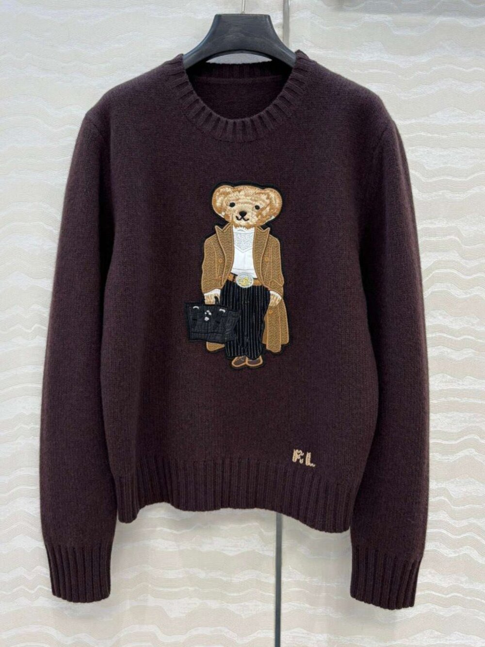 Polo Ralph Lauren Dark Brown Embroidered Dressed Bear Crewneck Knit Sweater